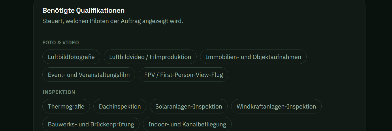 Die Auswahl der benötigten Qualifikationen im Auftragsformular