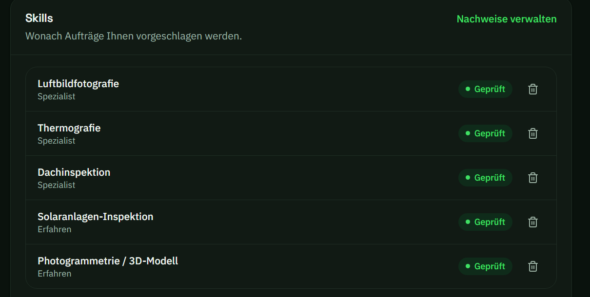 Belegte Skills mit Prüfstatus im Pilotenprofil